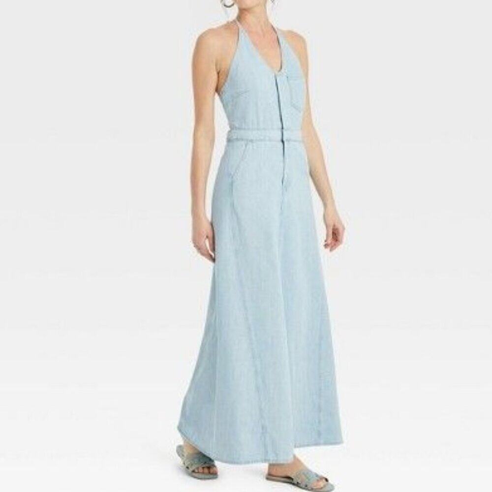 Universal Thread Light Wash Denim Halter Style Maxi Dress Size 12
